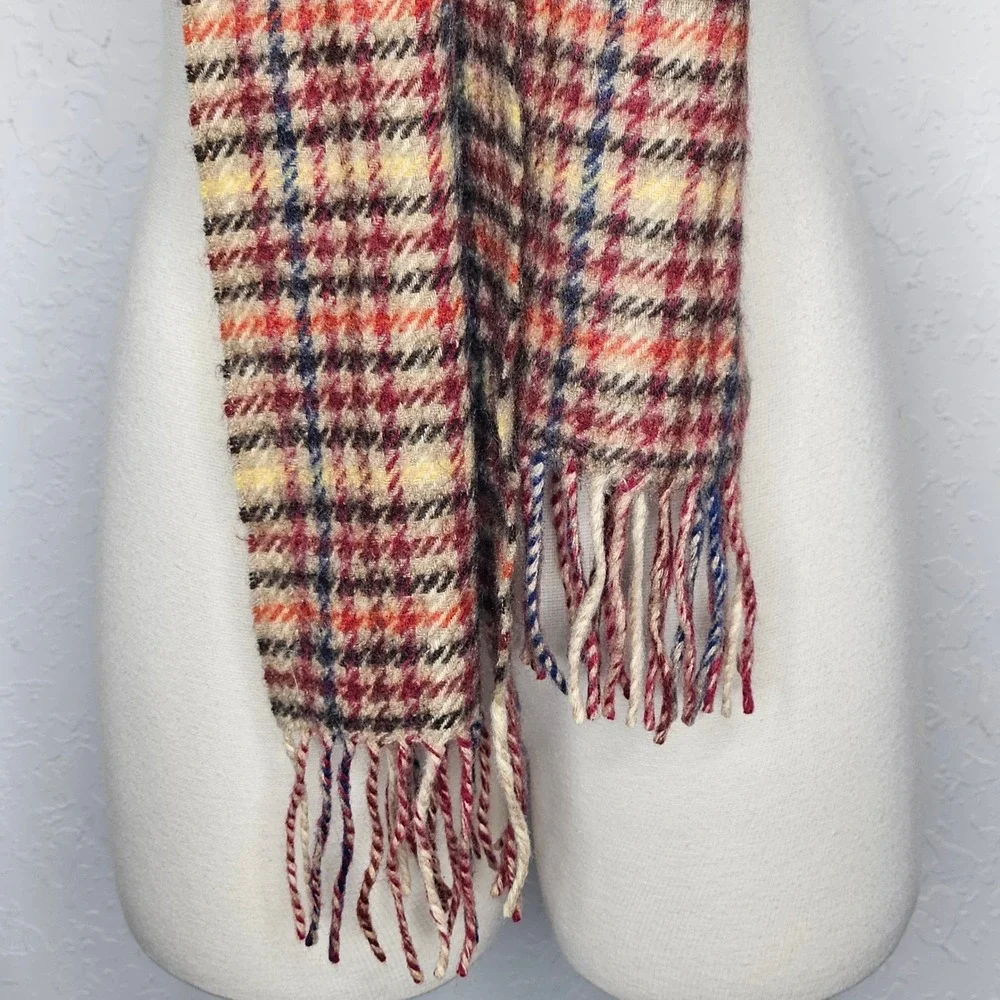 100% Cashmere Plaid Houndstooth Scarf Burgundy Orange Tan Fringe‎ Unisex